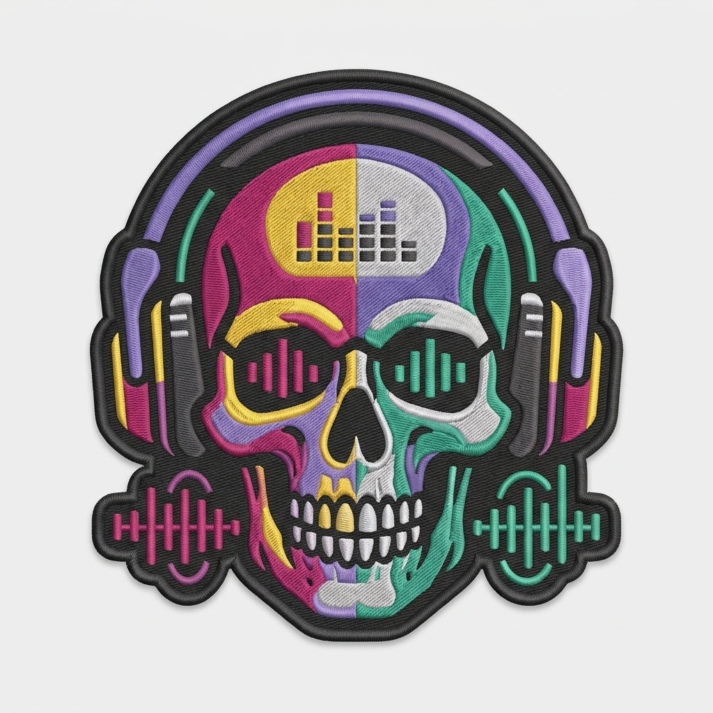 Cyber DJ Skull Headphones Soundwave Music Festival Embroidered Heat Seal Badge For Hoodies Bags 3 Inch