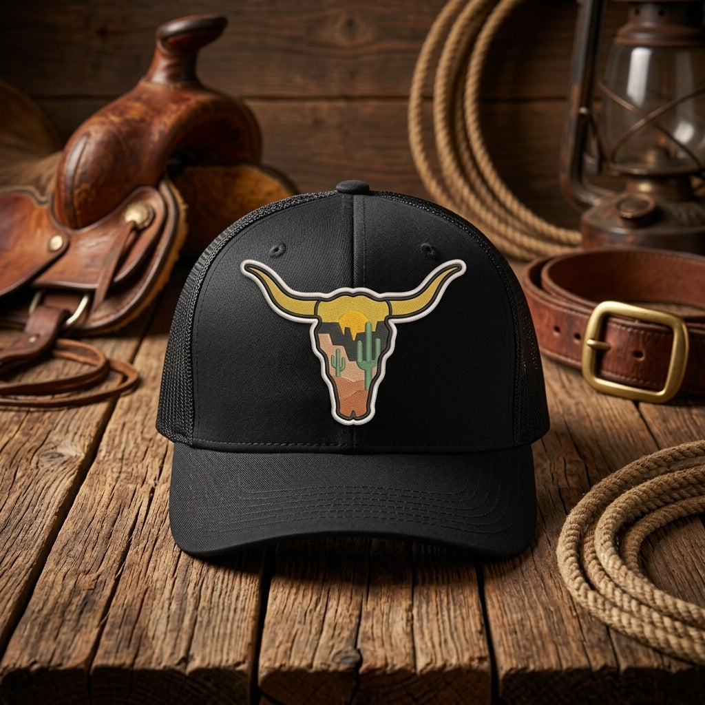 Texas Longhorn Bull Skull Desert Sunset Canyon Outdoor Embroidered Heat Seal Badge For Jackets Hats 3 Inch