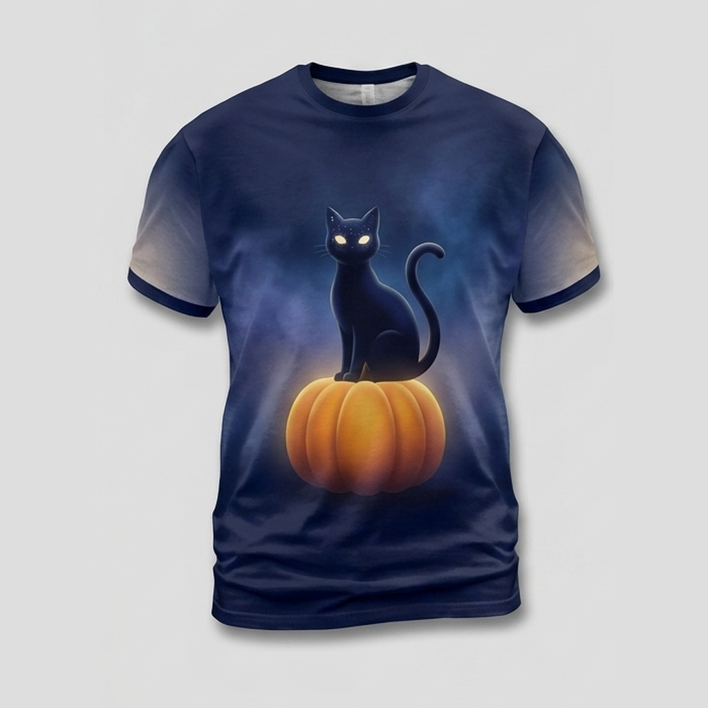 Cosmic Black Cat Moonlit Pumpkin Aop Tshirt
