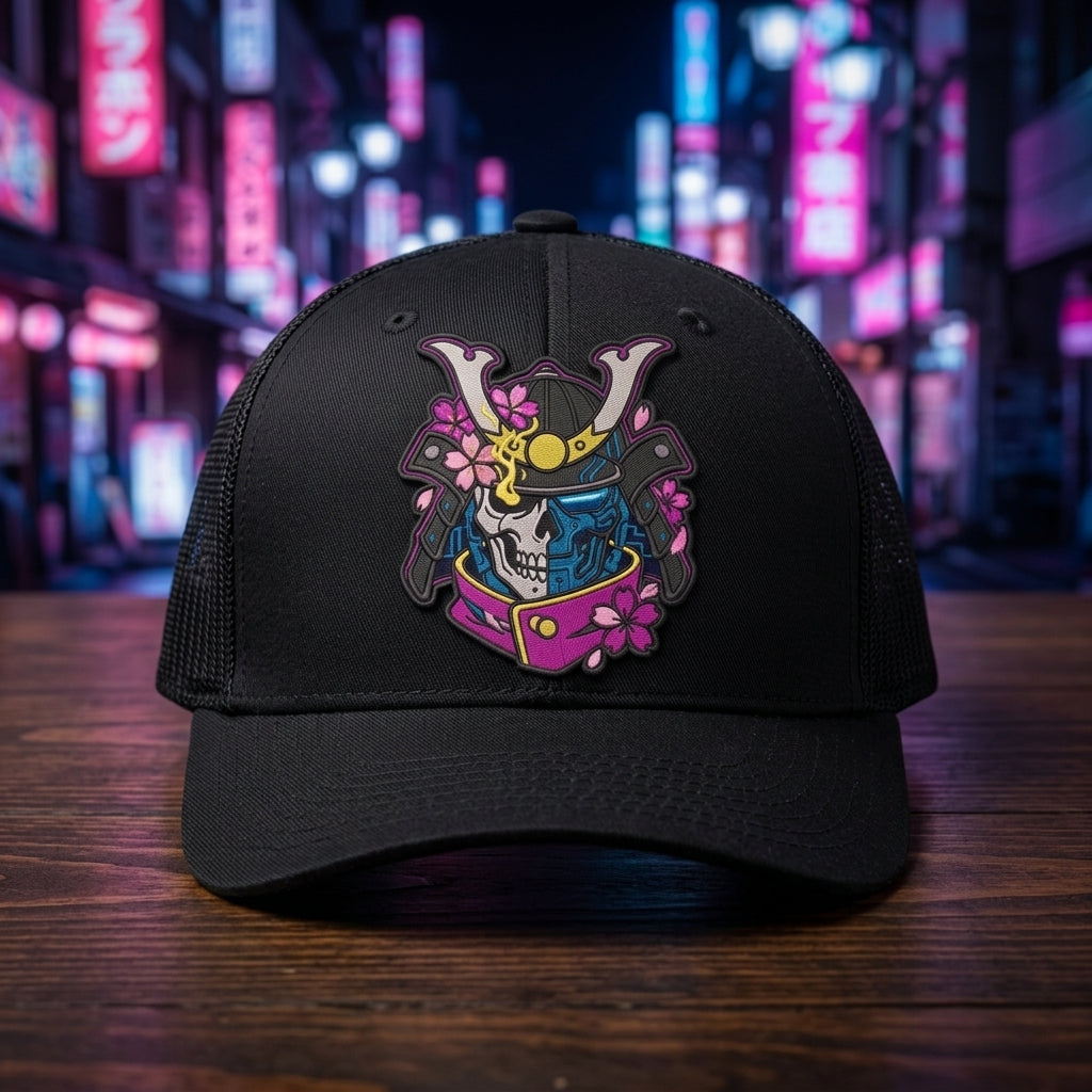 Samurai Cyber Skull Cherry Blossom Anime Streetwear Embroidered Iron On Patch For Hoodies Caps 3 Inch
