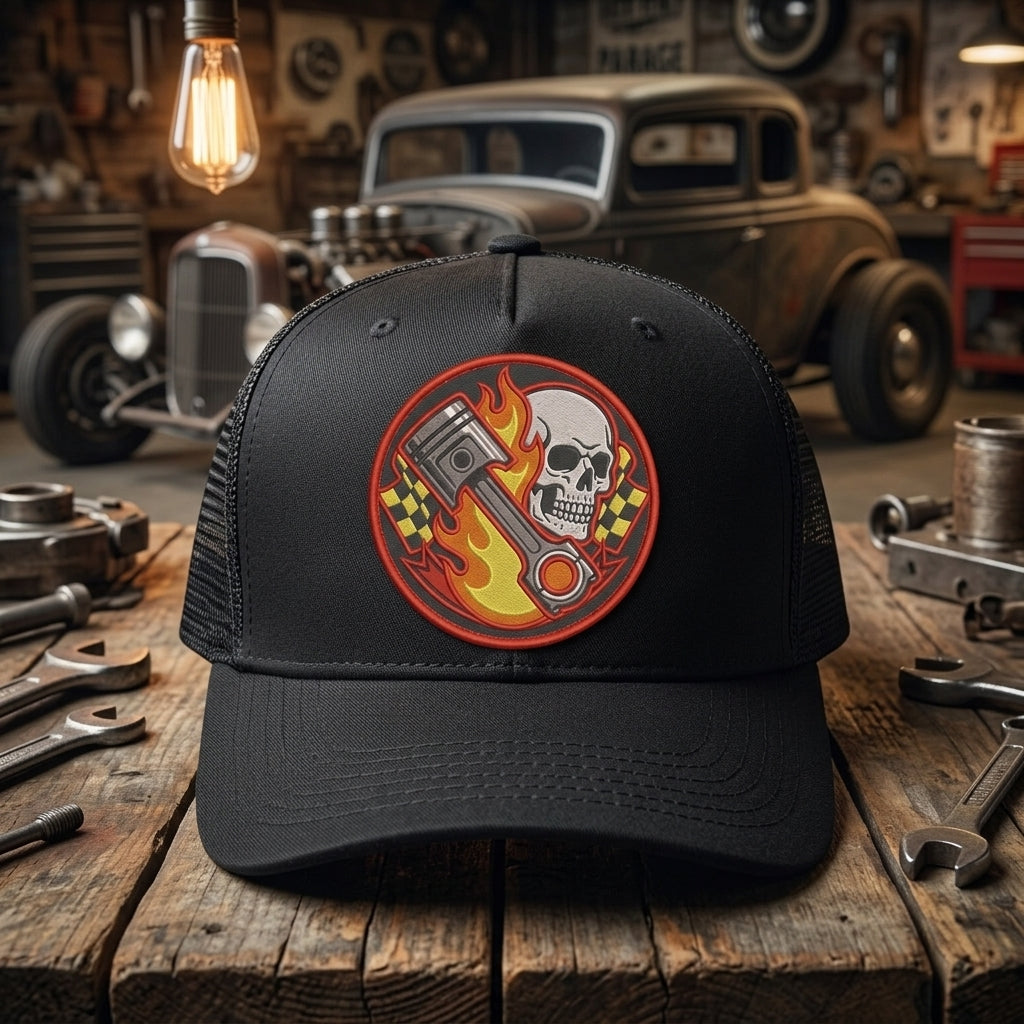 Hot Rod V8 Engine Piston Skull Muscle Car Racing Embroidered Heat Seal Badge For Jackets Caps 3 Inch