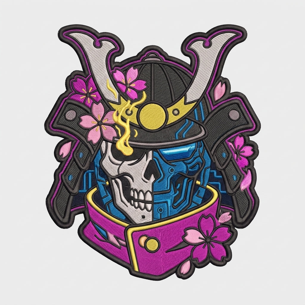 Samurai Cyber Skull Cherry Blossom Anime Streetwear Embroidered Iron On Patch For Hoodies Caps 3 Inch