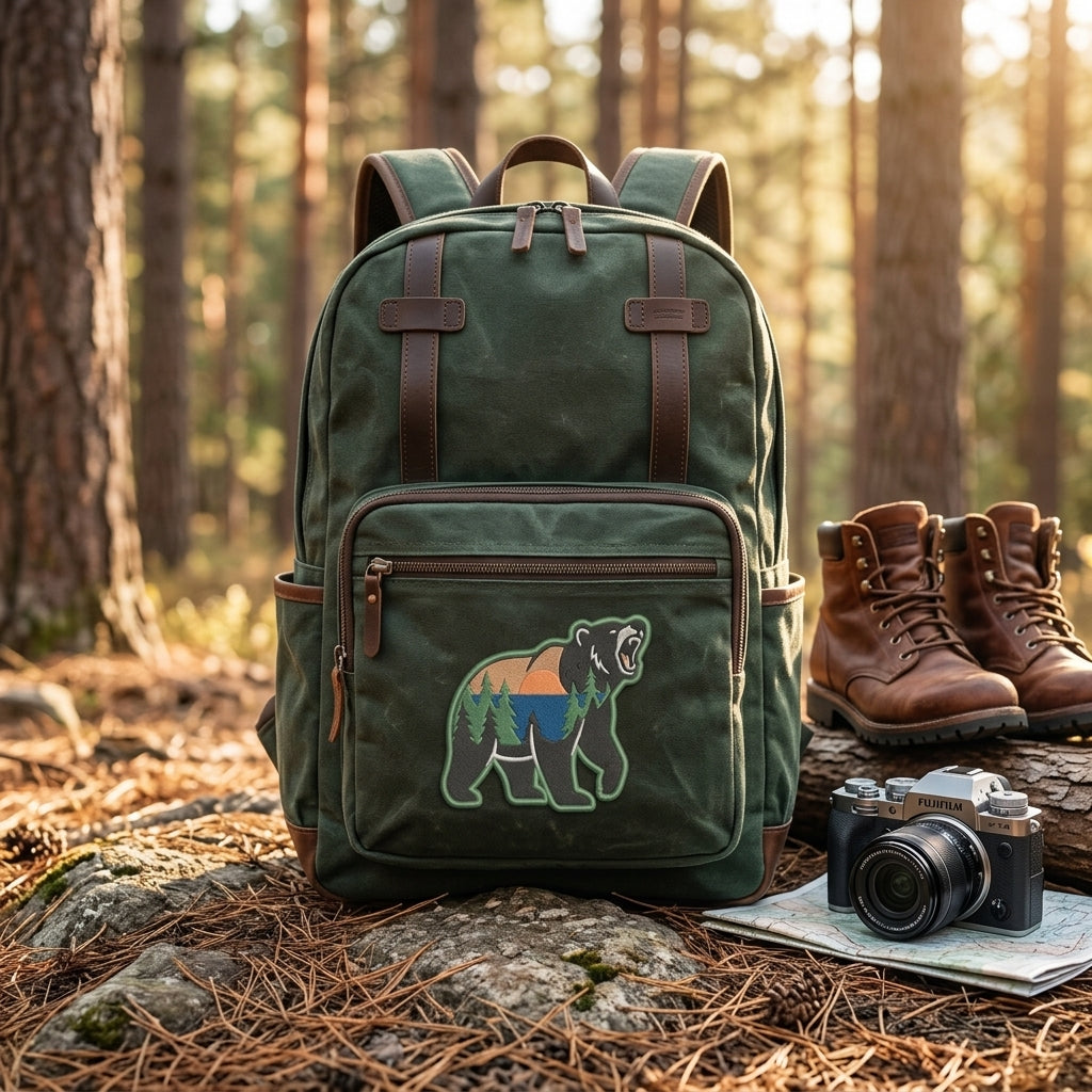 Grizzly Bear Mountain Forest Outdoor Adventure Landscape Embroidered Decorative Patch For Backpacks Jackets 3 Inch