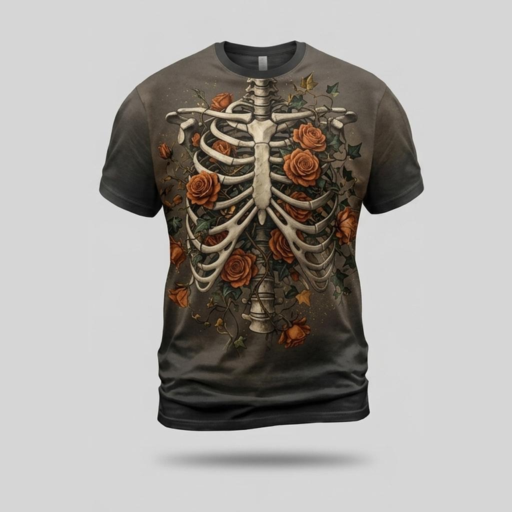 Botanical Rose Skeleton Ribcage Vintage Aop Tshirt
