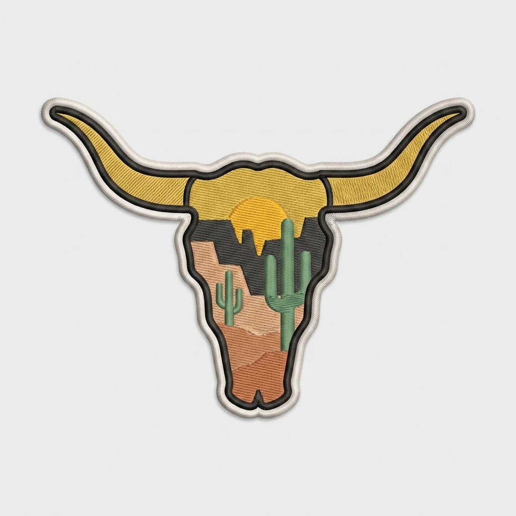 Texas Longhorn Bull Skull Desert Sunset Canyon Outdoor Embroidered Heat Seal Badge For Jackets Hats 3 Inch