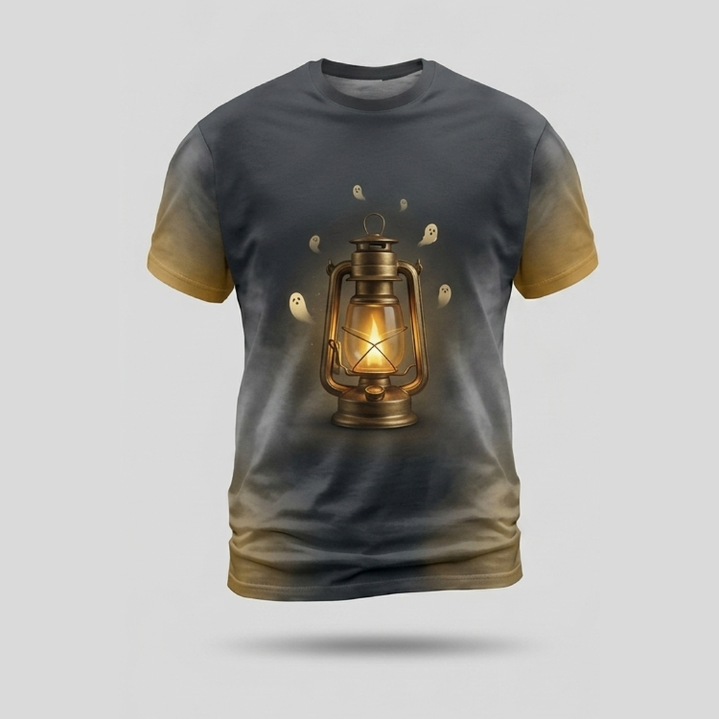 Vintage Brass Lantern Ghost Flame Aop Tshirt